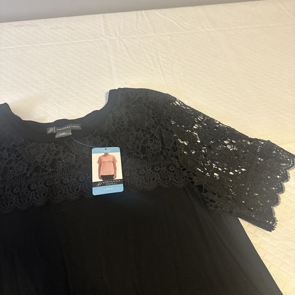 Adrianna Papell short sleeve black top lace sleeves  SZ L party romantic‎ - Picture 3 of 9